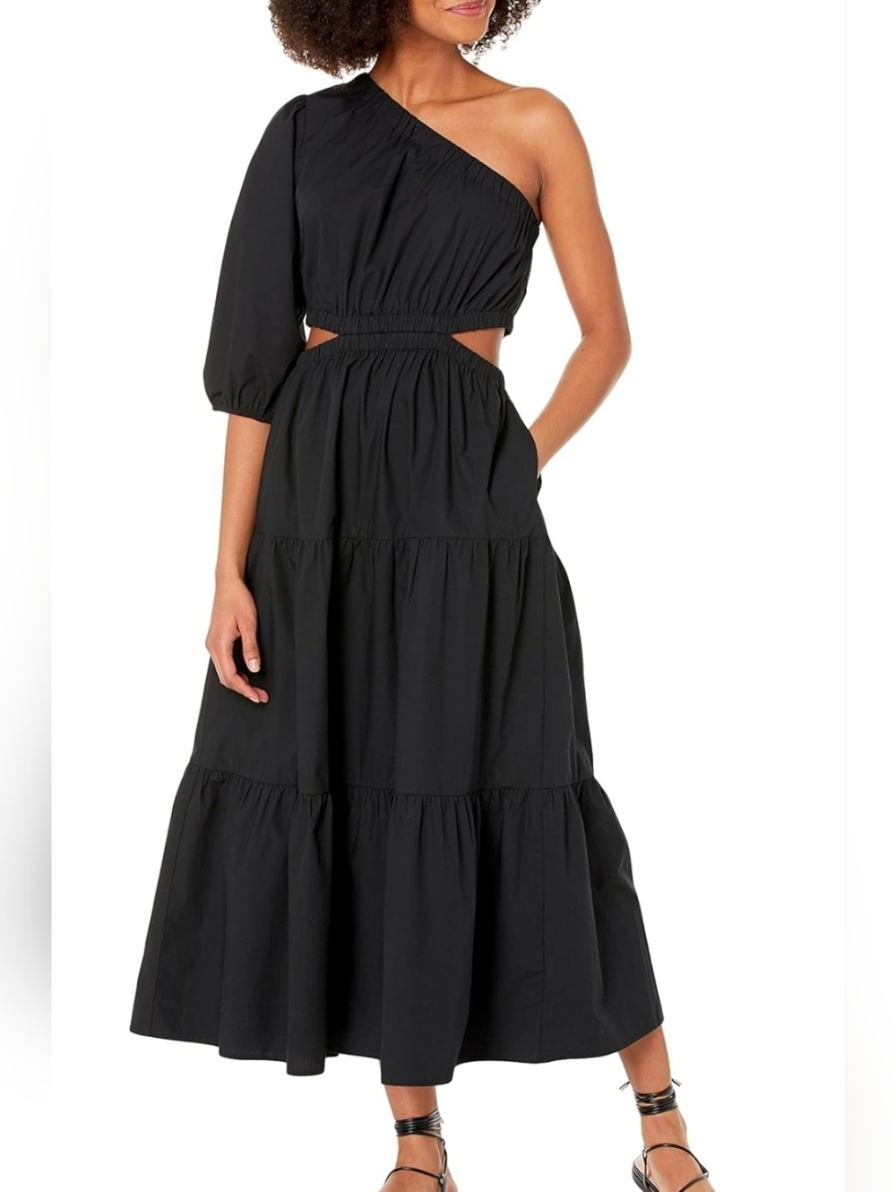 One-Shoulder Black Maxi Dress with Cutout